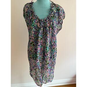 100% Cotton Floral Sheer Mesh Tunic Swim Cover Up Ruched Neck Bow detail